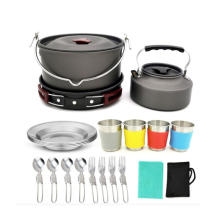 22pcs Camping Cookware Mess Kit, Outdoor Cookware Set Large Size Hanging Pot Pan Kettle with Base Cook Set for 4